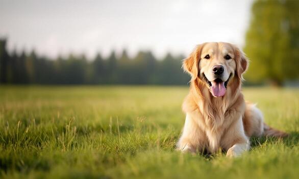 Golden retriever sentado en el pasto, sonriente